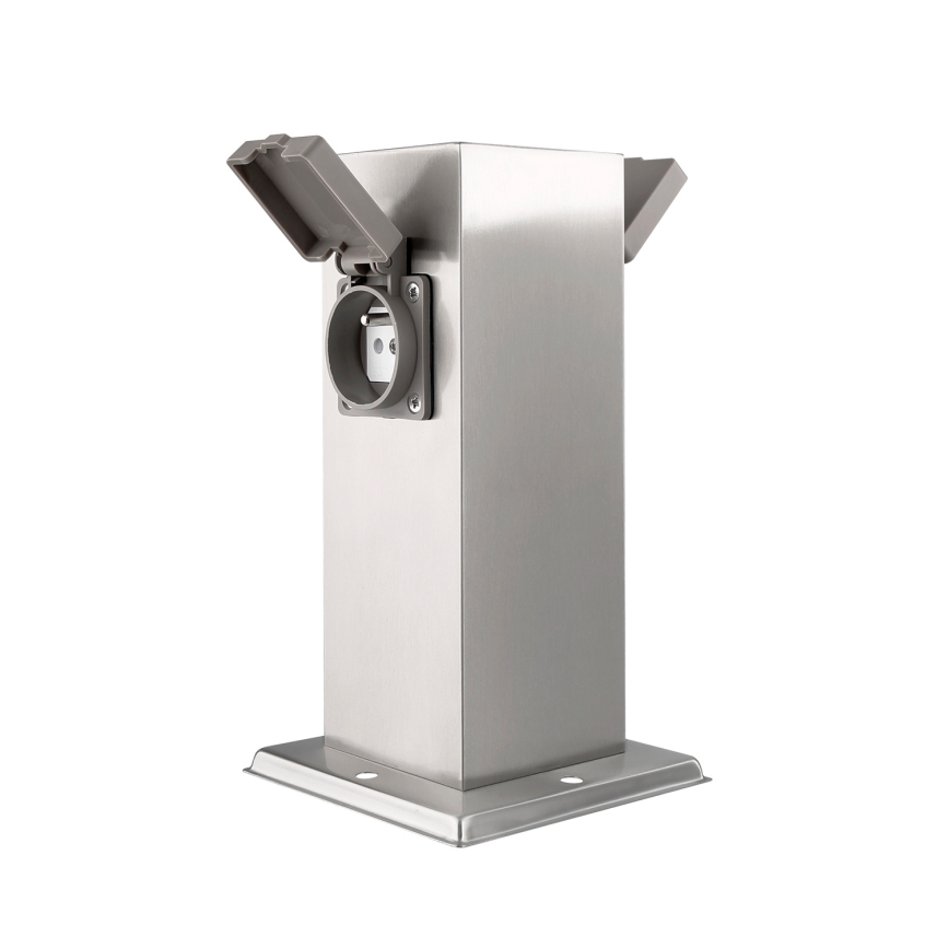 Ulkoinen pistorasiapylväs 2x 230V IP44 mattakromi kulmikas