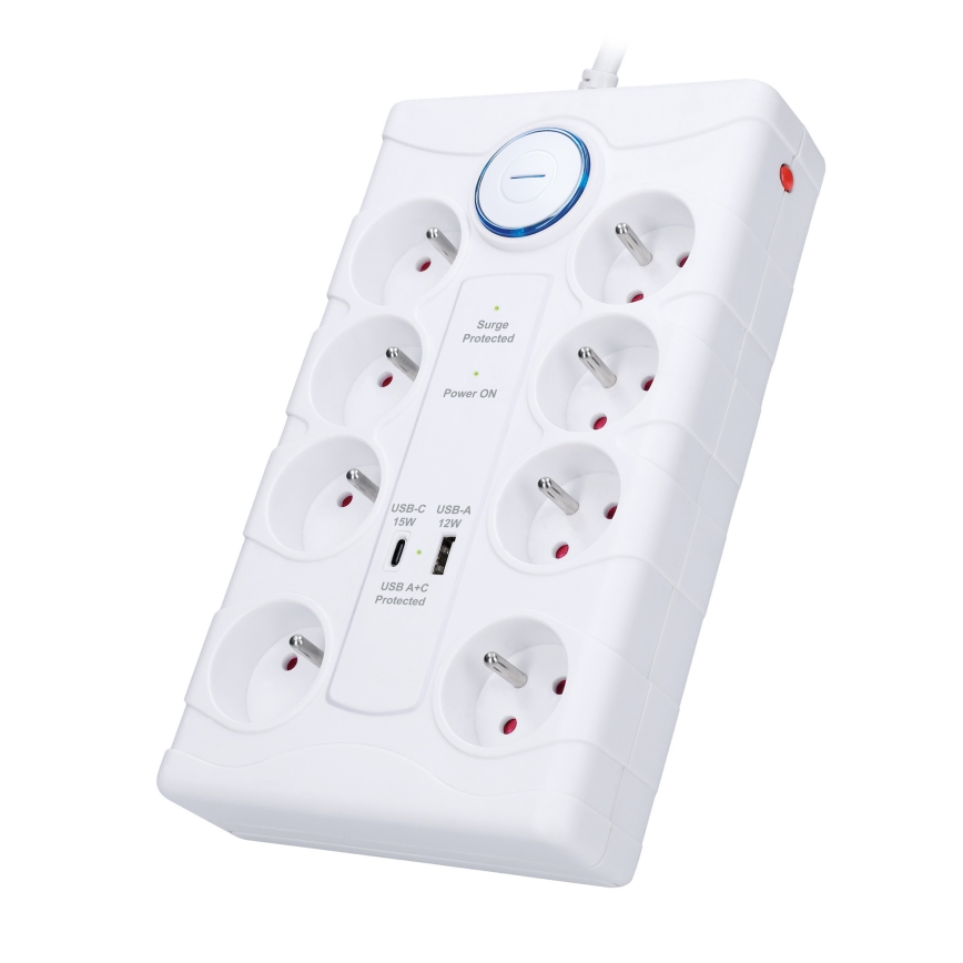 Jatkojohto virtakytkimellä 8Z Tyyppi E + 1xUSB-A + 1xUSB-C 2m valkoinen