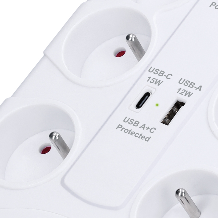 Jatkojohto virtakytkimellä 8Z Tyyppi E + 1xUSB-A + 1xUSB-C 2m valkoinen