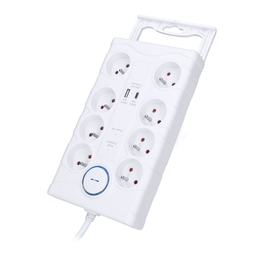 Jatkojohto virtakytkimellä 8Z Tyyppi E + 1xUSB-A + 1xUSB-C 2m valkoinen