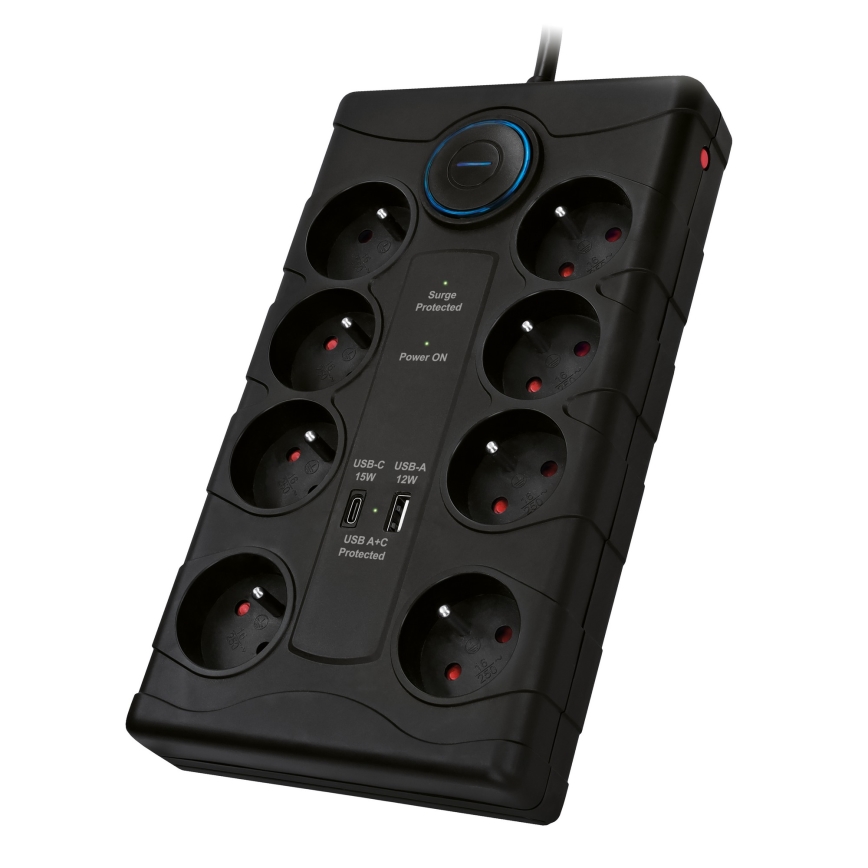 Jatkojohto virtakytkimellä 8Z Tyyppi E + 1xUSB-A + 1xUSB-C 2m musta