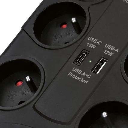 Jatkojohto virtakytkimellä 8Z Tyyppi E + 1xUSB-A + 1xUSB-C 2m musta
