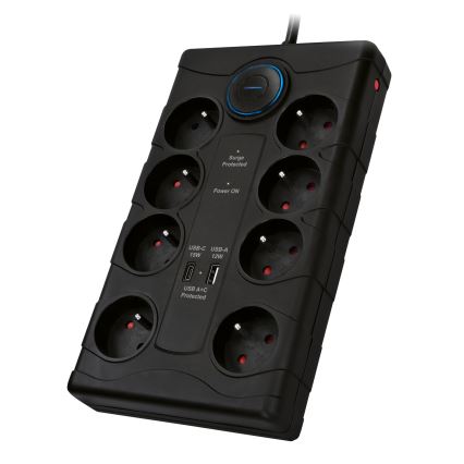 Jatkojohto kytkimellä ja ylijännitesuojalla, 8 pistorasiaa (tyyppi E) + 1xUSB-A + 1xUSB-C, 2 m, musta