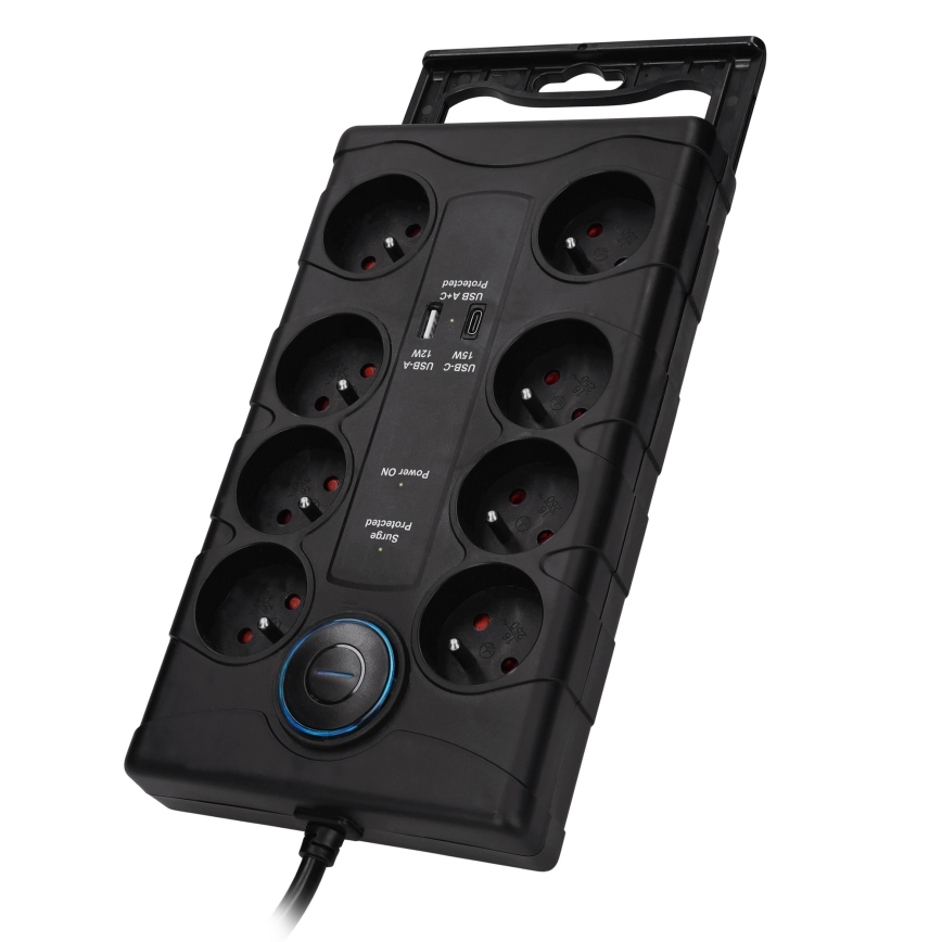 Jatkojohto kytkimellä ja ylijännitesuojalla, 8 pistorasiaa (tyyppi E) + 1xUSB-A + 1xUSB-C, 2 m, musta