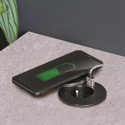 Upotettava pistorasia langattomalla latauksella 10W, 1x pistorasia + USB A+C, musta