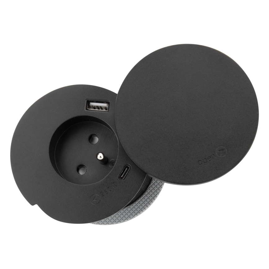 Upotettava pistorasia langattomalla latauksella 10W, 1x pistorasia + USB A+C, musta