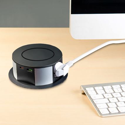 Pistorasiapylväs pöytälevylle langattomalla Qi-latauksella 3x230V + 1xUSB-A + 1xUSB-C musta/hopea