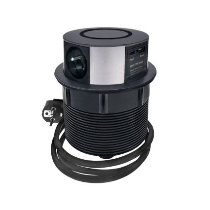 Pistorasiapylväs pöytälevylle langattomalla Qi-latauksella 3x230V + 1xUSB-A + 1xUSB-C musta/hopea