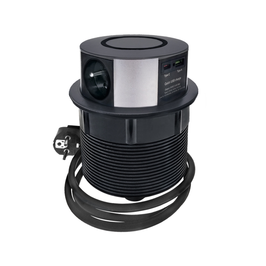 Pistorasiapylväs pöytälevylle langattomalla Qi-latauksella 3x230V + 1xUSB-A + 1xUSB-C musta/hopea