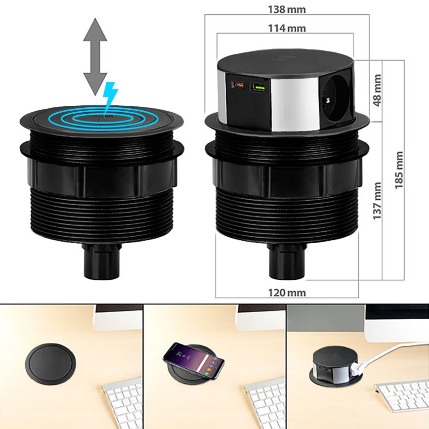 Pistorasiapylväs pöytälevylle langattomalla Qi-latauksella 3x230V + 1xUSB-A + 1xUSB-C musta/hopea