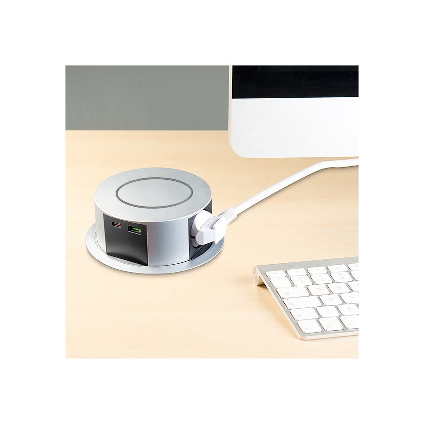 Pistorasiapylväs pöytälevylle langattomalla Qi-latauksella 3x230V + 1xUSB-A + 1xUSB-C hopea/musta