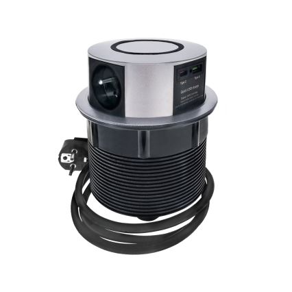 Pistorasiapylväs pöytälevylle langattomalla Qi-latauksella 3x230V + 1xUSB-A + 1xUSB-C hopea/musta