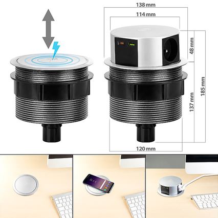 Pistorasiapylväs pöytälevylle langattomalla Qi-latauksella 3x230V + 1xUSB-A + 1xUSB-C hopea/musta