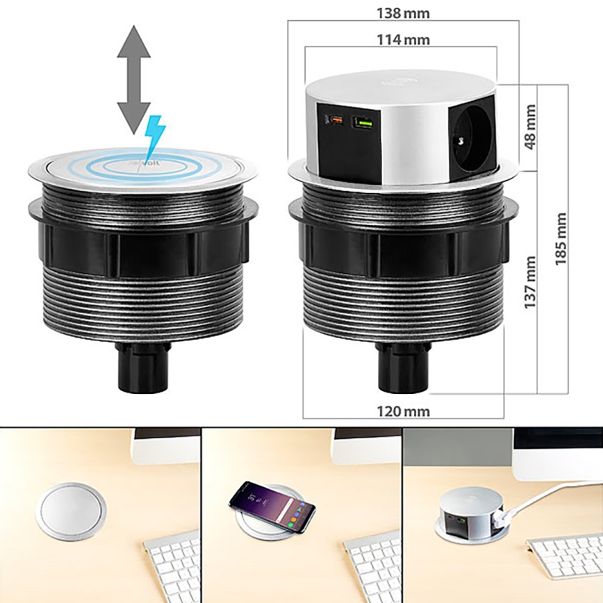 Pistorasiapylväs pöytälevylle langattomalla Qi-latauksella 3x230V + 1xUSB-A + 1xUSB-C hopea/musta