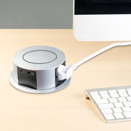 Pöytäpistoketeline langattomalla Qi-latauksella 3x230V + 1xUSB-A + 1xUSB-C hopea/musta