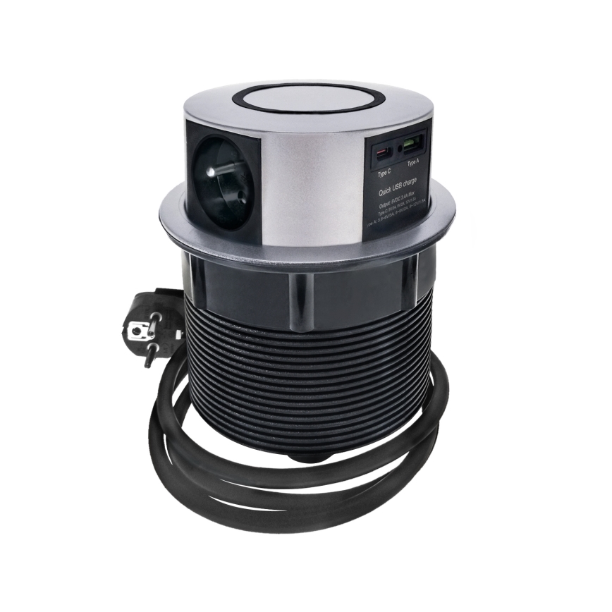 Pöytäpistoketeline langattomalla Qi-latauksella 3x230V + 1xUSB-A + 1xUSB-C hopea/musta