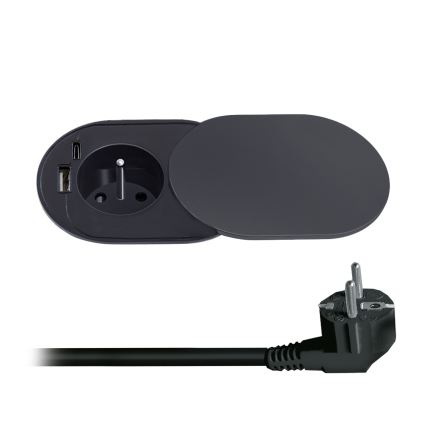 Pistorasia pöydälle 1x230V + USB-A + USB-C musta