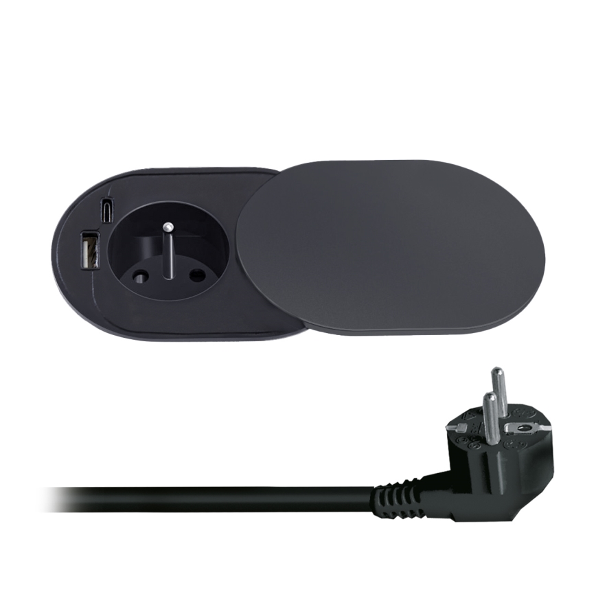 Pistorasia pöydälle 1x230V + USB-A + USB-C musta