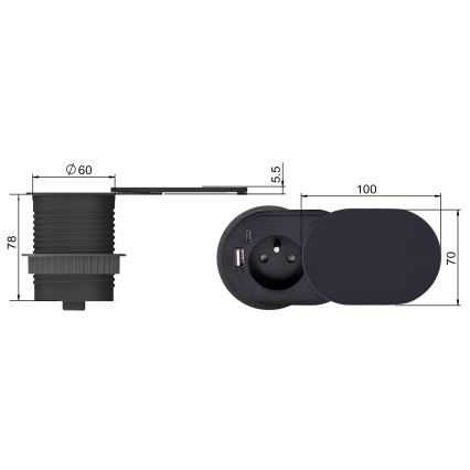Pistorasia pöydälle 1x230V + USB-A + USB-C musta