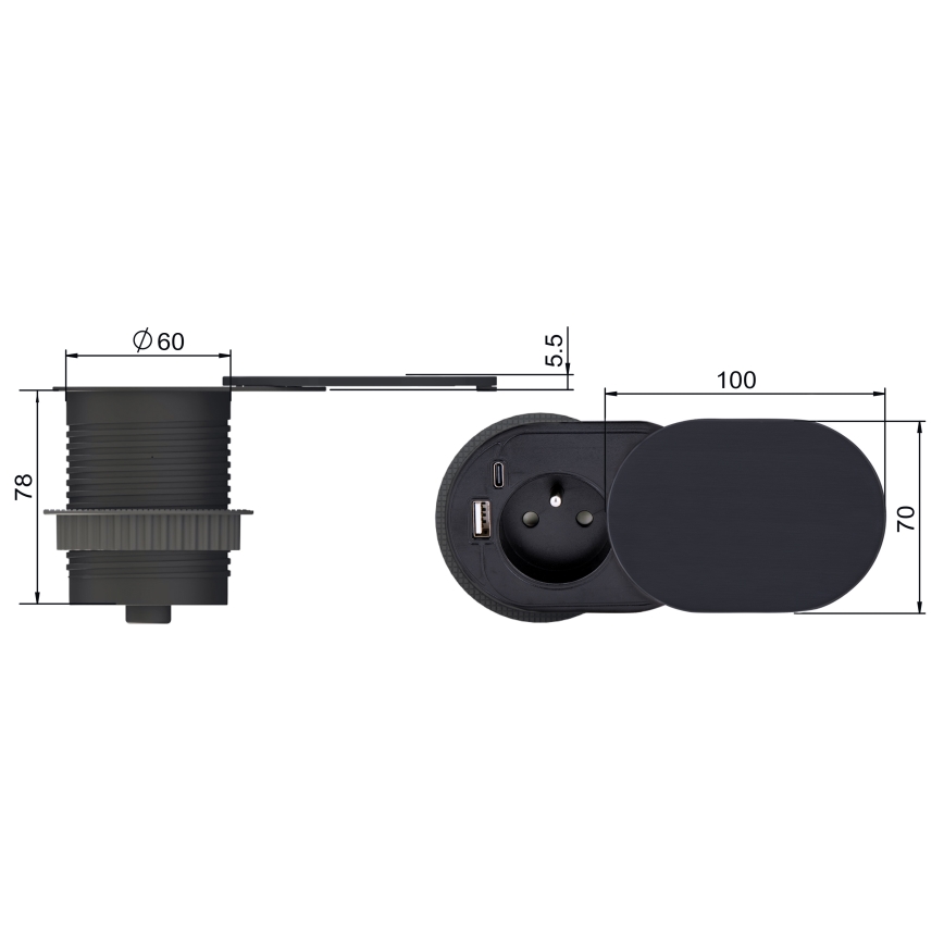 Pistorasia pöydälle 1x230V + USB-A + USB-C musta