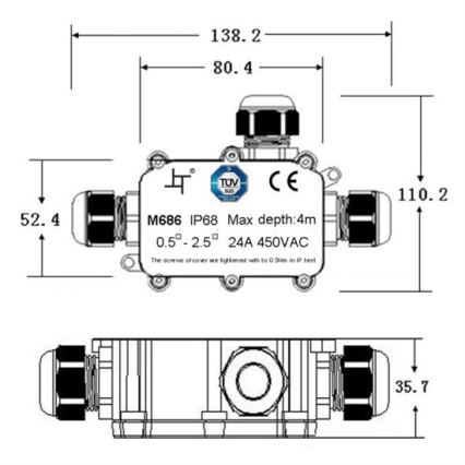 Solight WW004 - Vedenpitävä kytkentärasia 24A / 450V AC IP68
