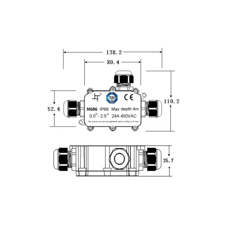 Solight WW004 - Vedenpitävä kytkentärasia 24A / 450V AC IP68