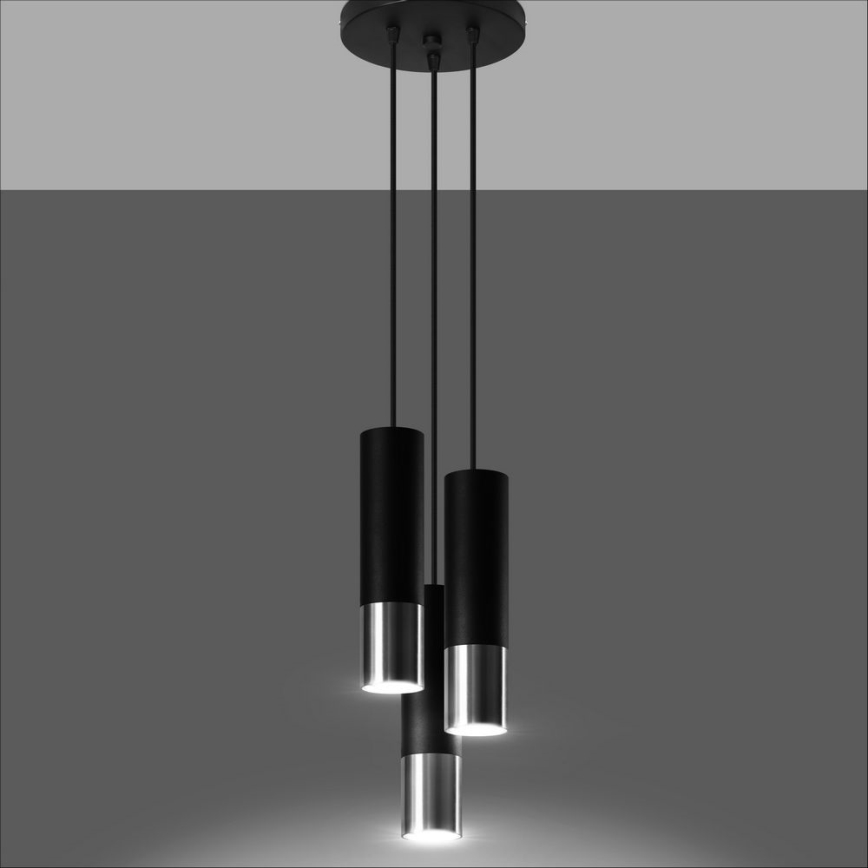 Kattokruunu johdossa LOOPEZ 3xGU10/10W/230V pyöreä musta/kiiltävä kromi