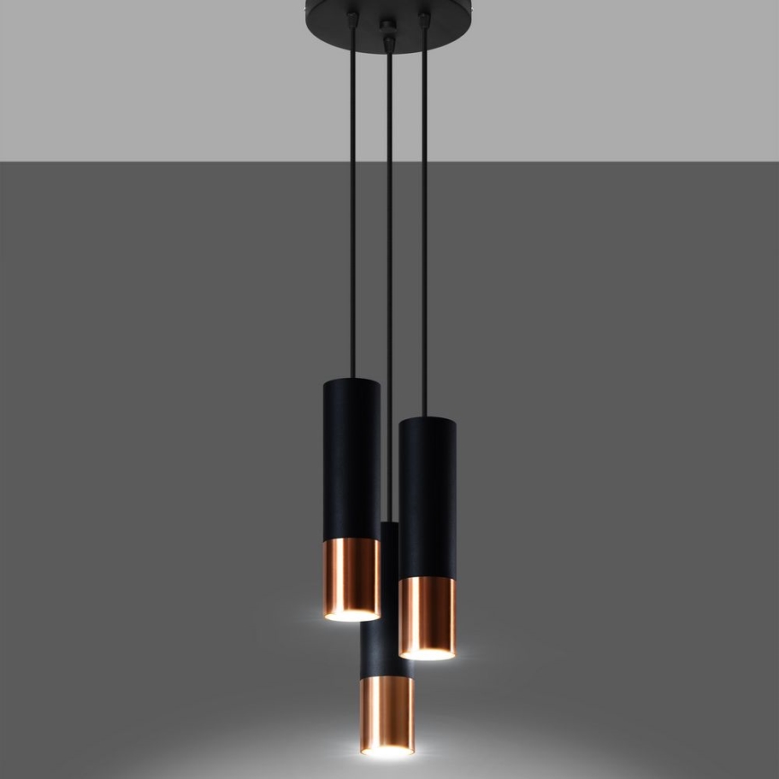 Kattokruunu johdossa LOOPEZ 3xGU10/10W/230V pyöreä musta/kupari