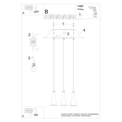 Kattokruunu johdossa REA 3xE14/12W/230V betoni