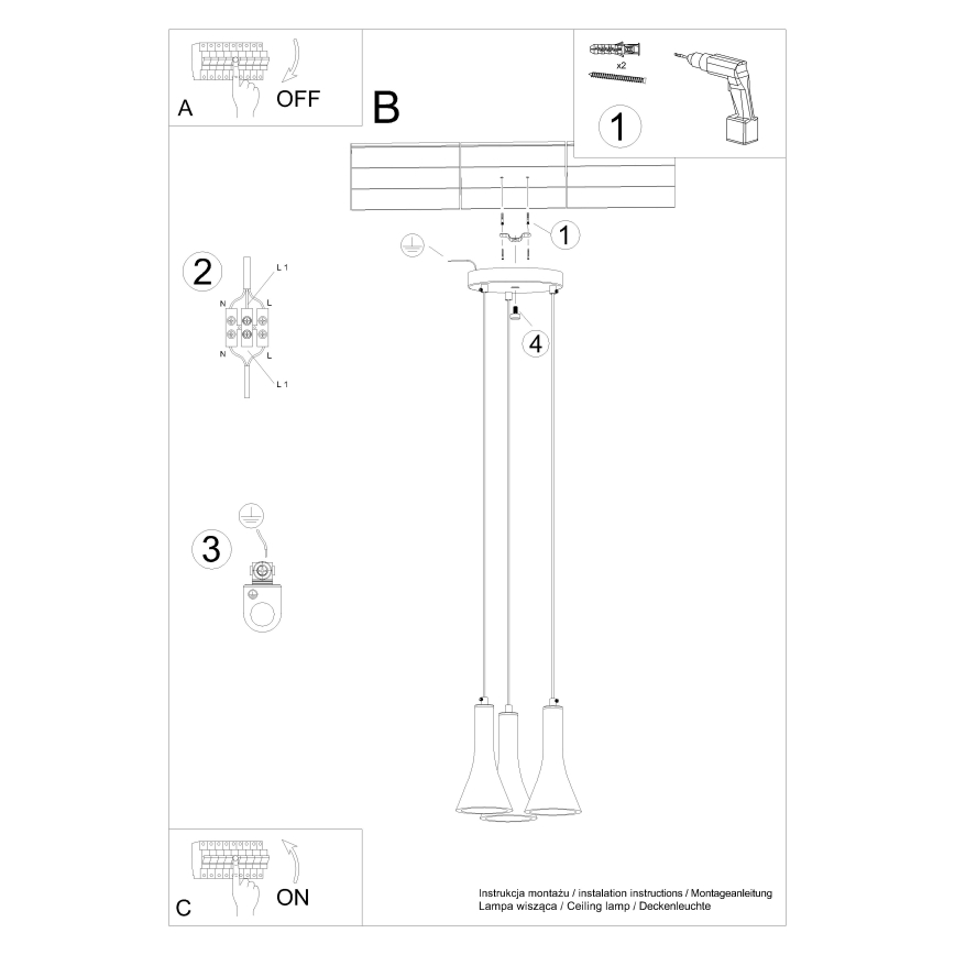 Kattokruunu johdossa REA 3xE14/12W/230V betoni