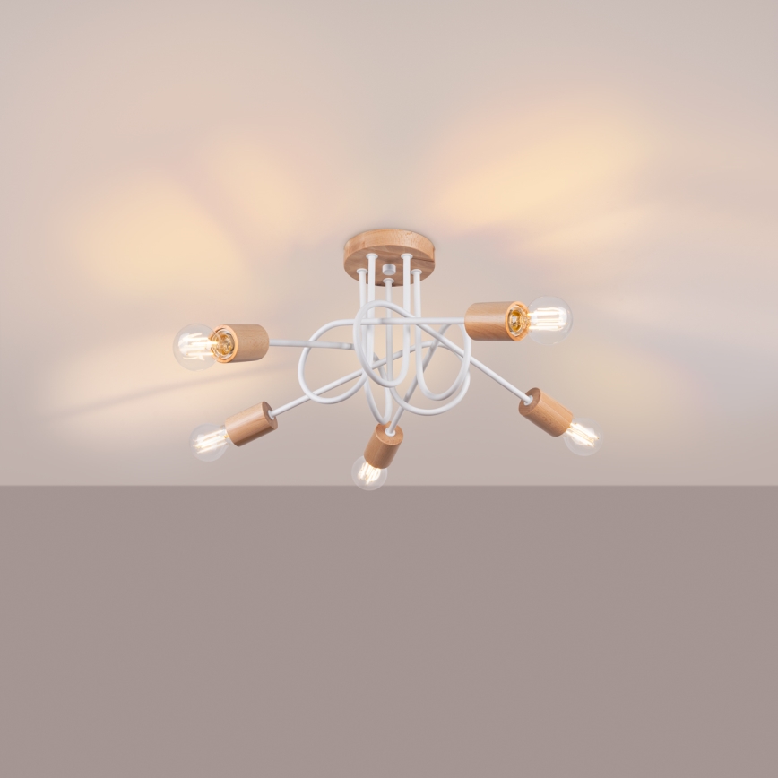 Kiinteä kattokruunu EMBER 5xE27/15W/230V valkoinen/beige/pyökki