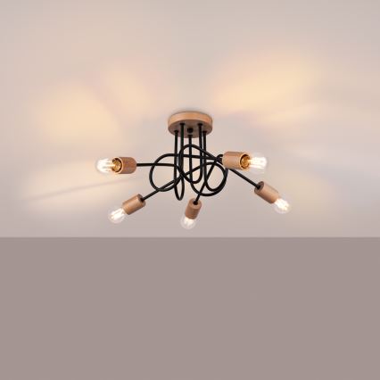 Kiinteä kattokruunu EMBER 5xE27/15W/230V musta/beige/pyökki