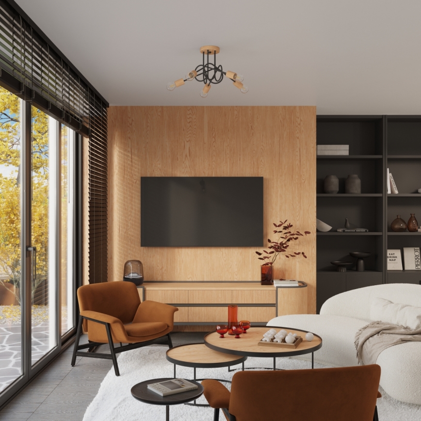 Kiinteä kattokruunu EMBER 5xE27/15W/230V musta/beige/pyökki