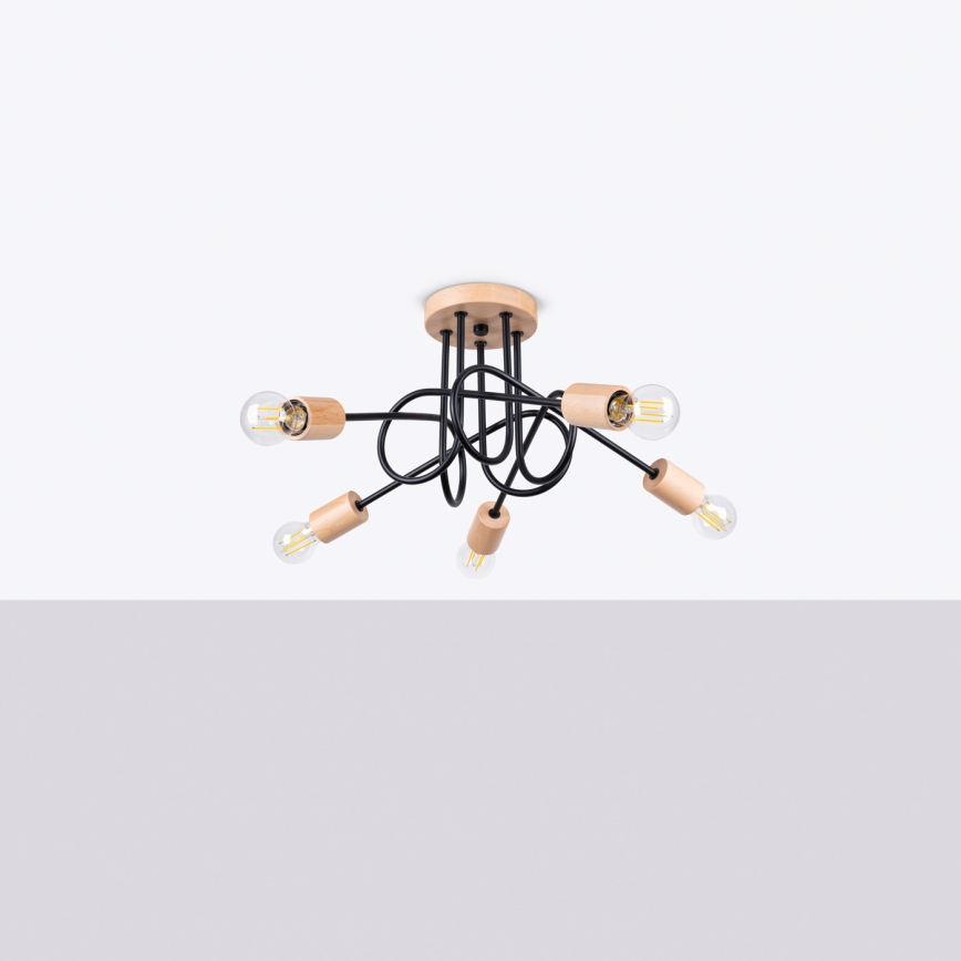 Kiinteä kattokruunu EMBER 5xE27/15W/230V musta/beige/pyökki