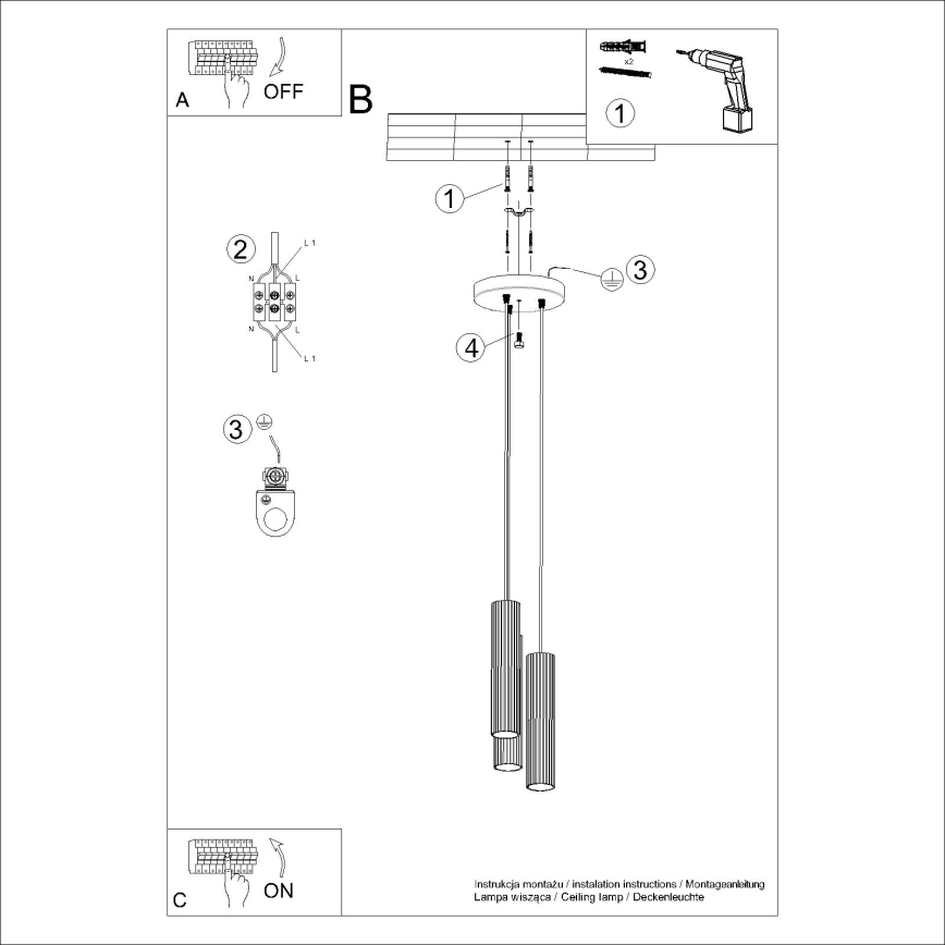 Kattokruunu johdossa KARBON 3xGU10/10W/230V kerma