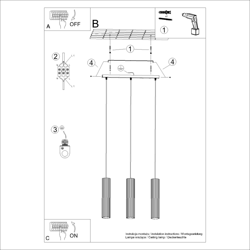 Kattokruunu johdossa KARBON 3xGU10/10W/230V punainen