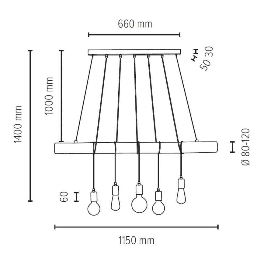 Kattokruunu johdossa TRABO 5xE27/60W/230V mänty