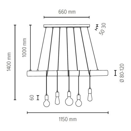 Kattokruunu johdossa TRABO 5xE27/60W/230V mänty - FSC-sertifioitu