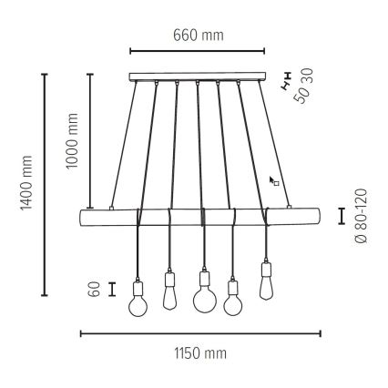 Kattokruunu johdossa TRABO 5xE27/60W/230V mänty - FSC-sertifioitu
