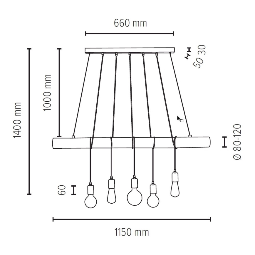 Kattokruunu johdossa TRABO 5xE27/60W/230V mänty - FSC-sertifioitu