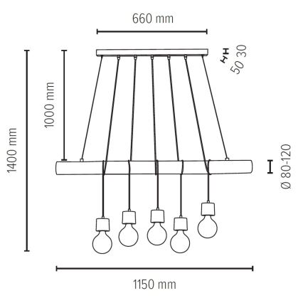 Kattokruunu johdossa TRABO 5xE27/60W/230V mänty - FSC-sertifioitu