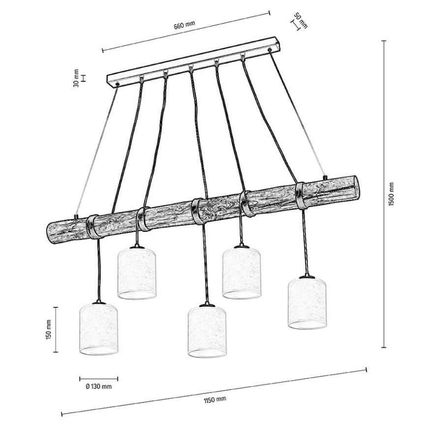 Kattokruunu johdossa TRENO 5xE27/25W/230V mänty – FSC sertifioitu