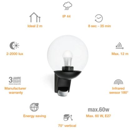 STEINEL 005535 - Ulkoseinävalaisin anturilla L585S 1xE27/60W musta IP44
