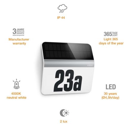 STEINEL 007140 - LED-aurinkokennonumero XSolar LH-N LED/0,03W ruostumaton IP44