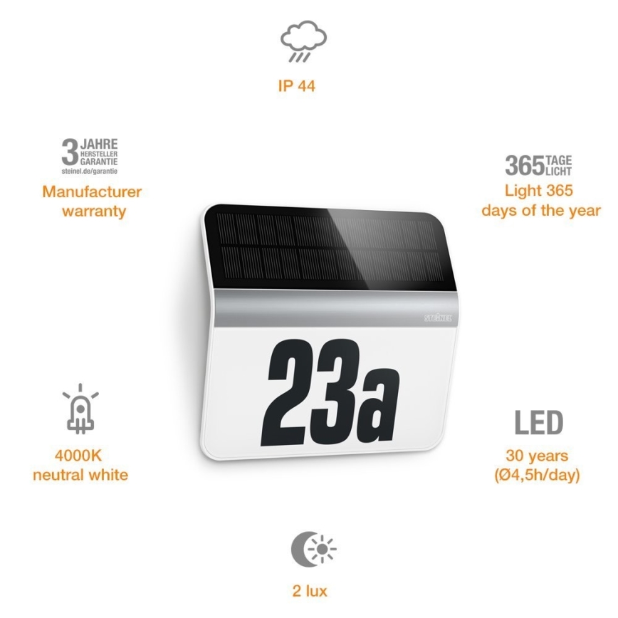 STEINEL 007140 - LED Aurinkokäyttöinen talonnumero XSolar LH-N LED/0,03W ruostumaton teräs IP44 2500 mAh