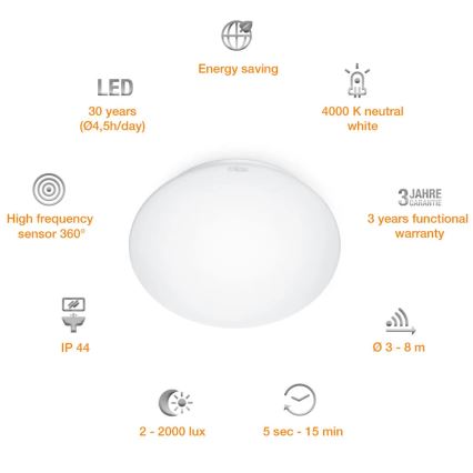 STEINEL 008383 - LED-valo anturilla kylpyhuoneeseen RS16LED LED/9,5W/230V IP44