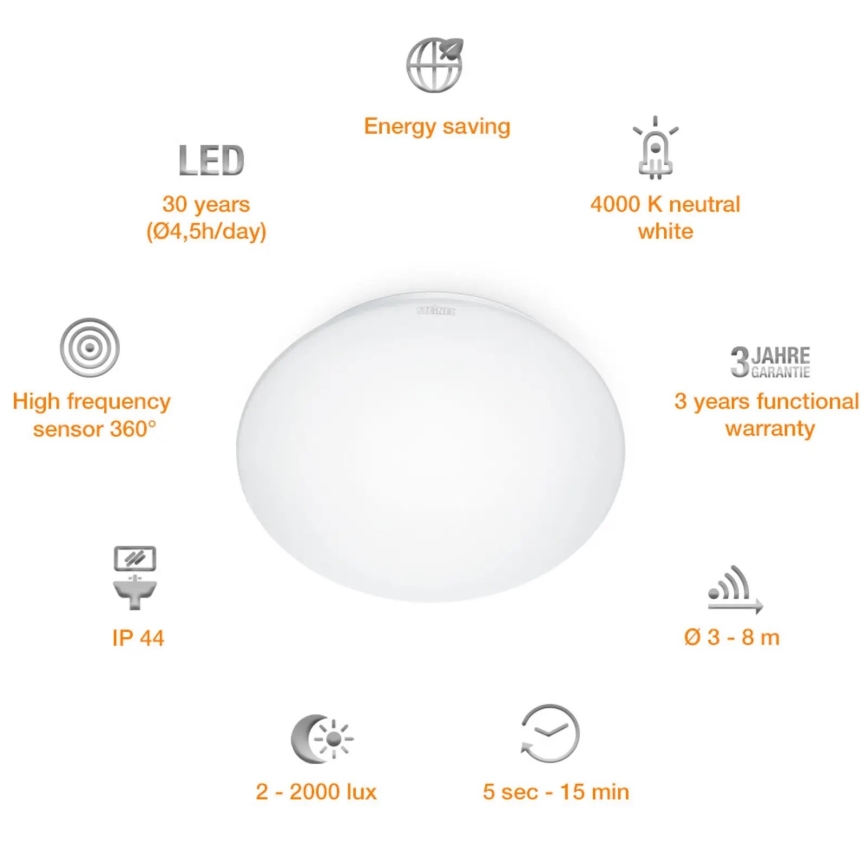 STEINEL 008383 - LED-valo anturilla kylpyhuoneeseen RS16LED LED/9,5W/230V IP44