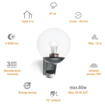 Steinel 035723 - Ulkoseinävalaisin anturilla L585S 1xE27/60W/230V IP44