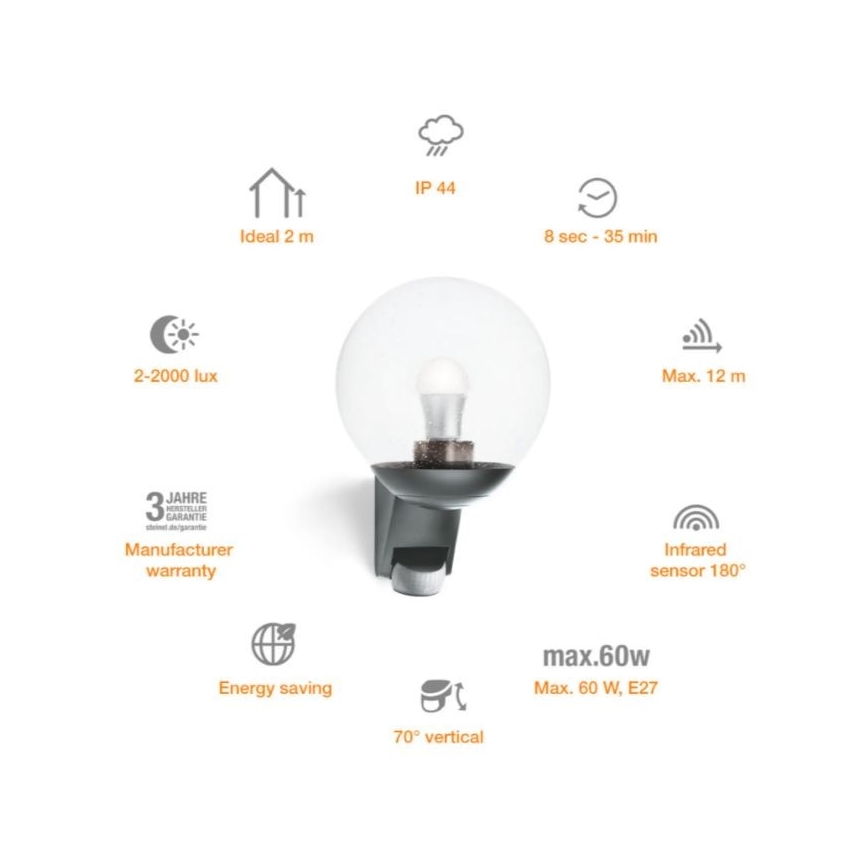 Steinel 035723 - Ulkoseinävalaisin anturilla L585S 1xE27/60W/230V IP44