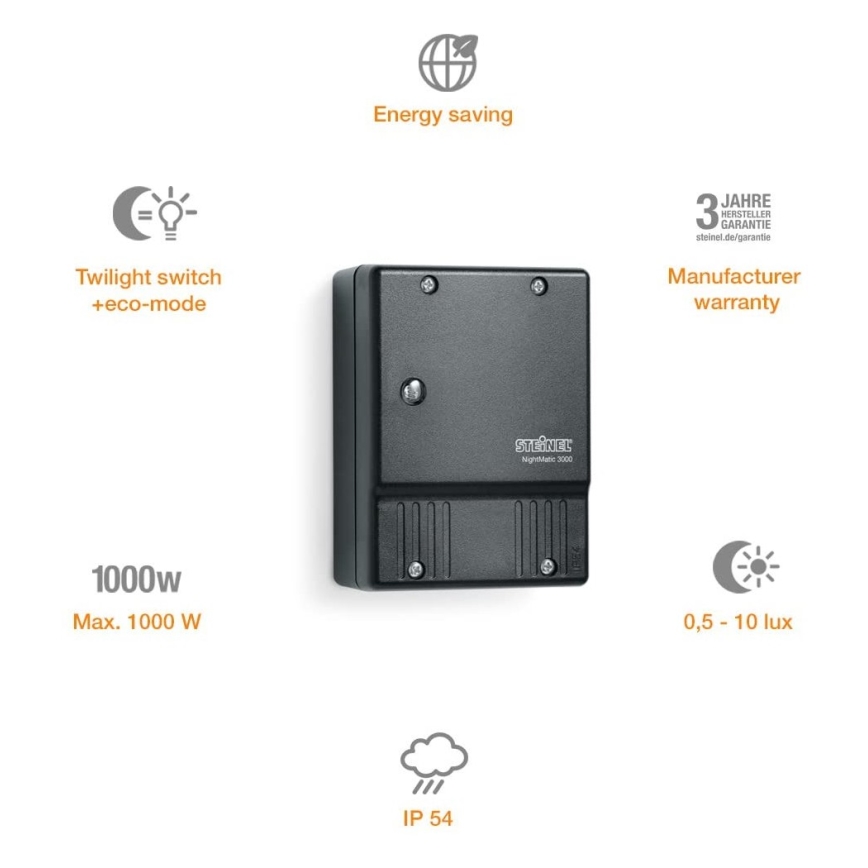 STEINEL 550516 - Hämärän tunnistin NightMatic 3000 Vario musta IP54
